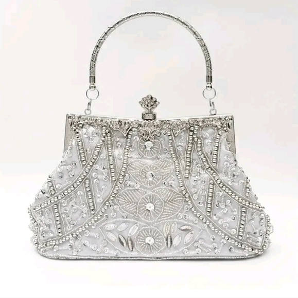 Vintage Elegant Silver Embroidered Studded Embellished Formal Handbag Gun Metal - Picture 1 of 10